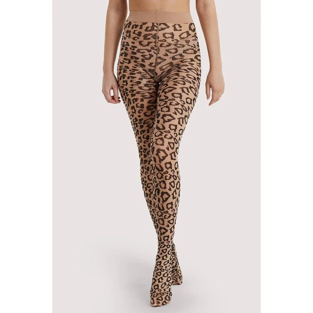 Playful Promises X Bettie Page Knit Tights with Leopard Print, Nude/Black, M